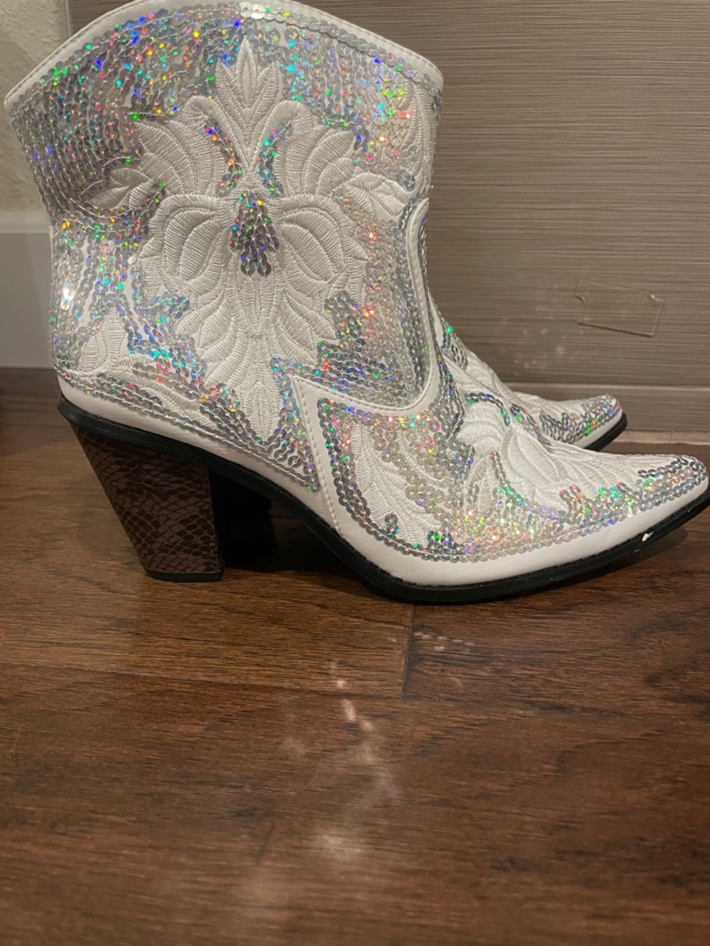 Sequin Embellished White Ankle Bootie